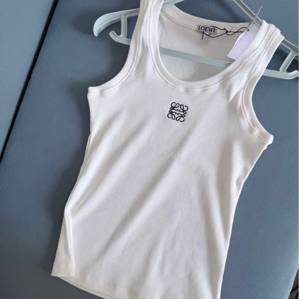 LOEWE Designer Ribbed Cotton Tank in White with Logo
